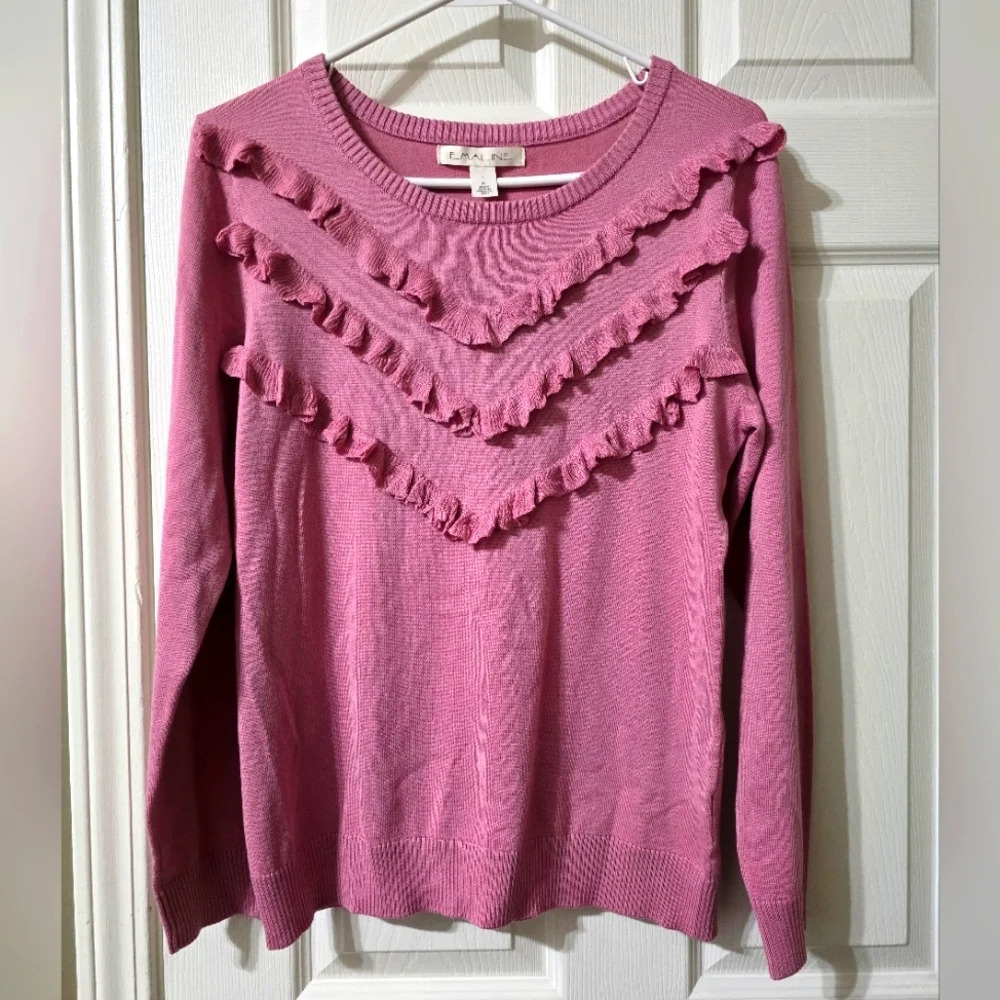 Emaline Chevron Ruffle Crewneck Sweater in Pink, Lightweight Rayon Blend, EUC!